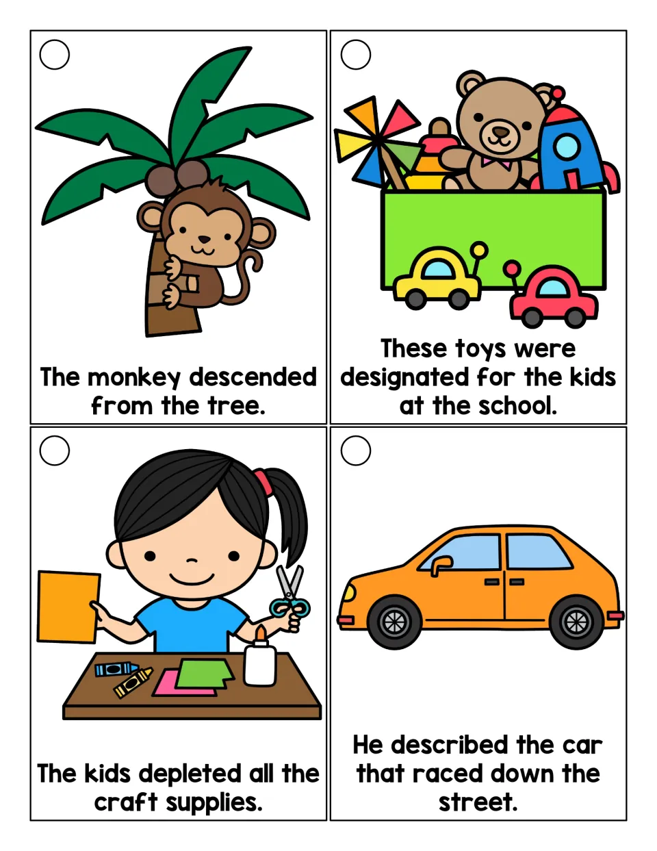 Prefix de reading cards: students read picture sentences with descended, designated, depleted and described