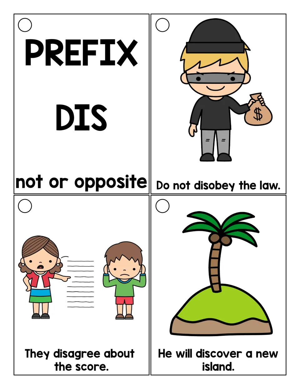 Prefix dis means not or opposite: title card plus picture cards for students to read with disobey, disagree and discover