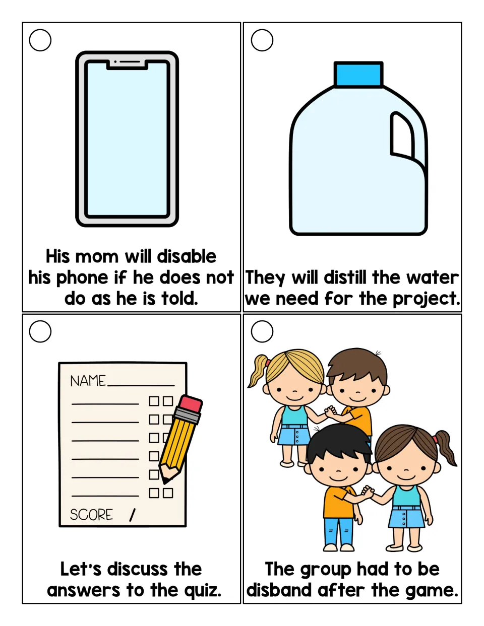 More dis- word cards: students read illustrated sentences with disable, distill, discuss and disband to practise the prefix