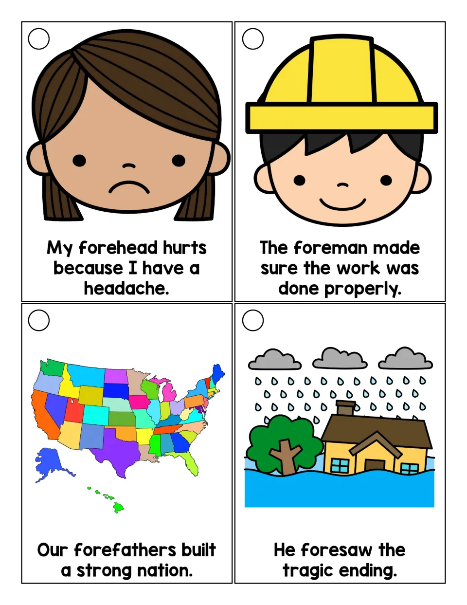 Reading ring cards 5–8: illustrated sentences using forehead, foreman, forefathers, and foresaw.