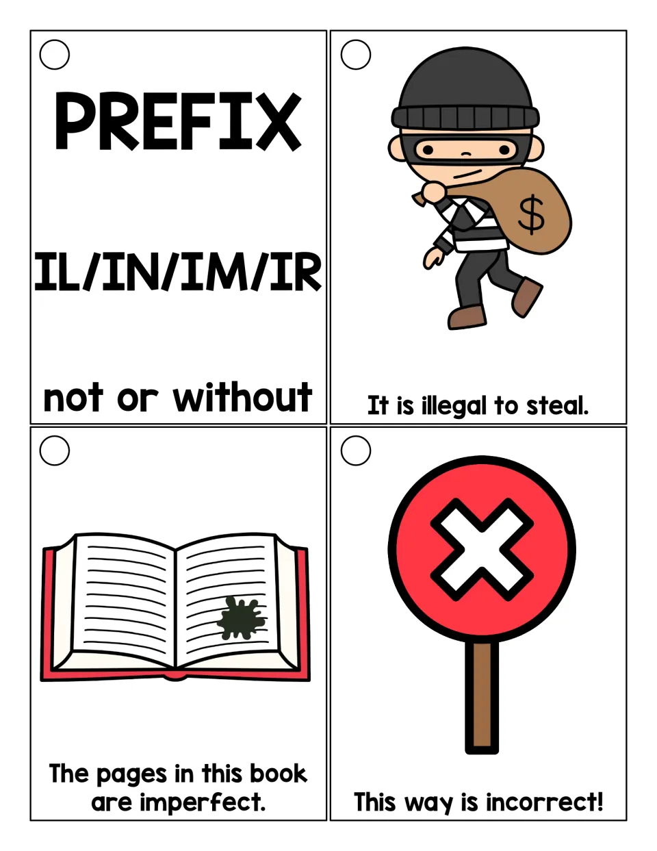 Prefix il/in/im/ir title card meaning not or without, plus sentence cards for illegal, imperfect and incorrect