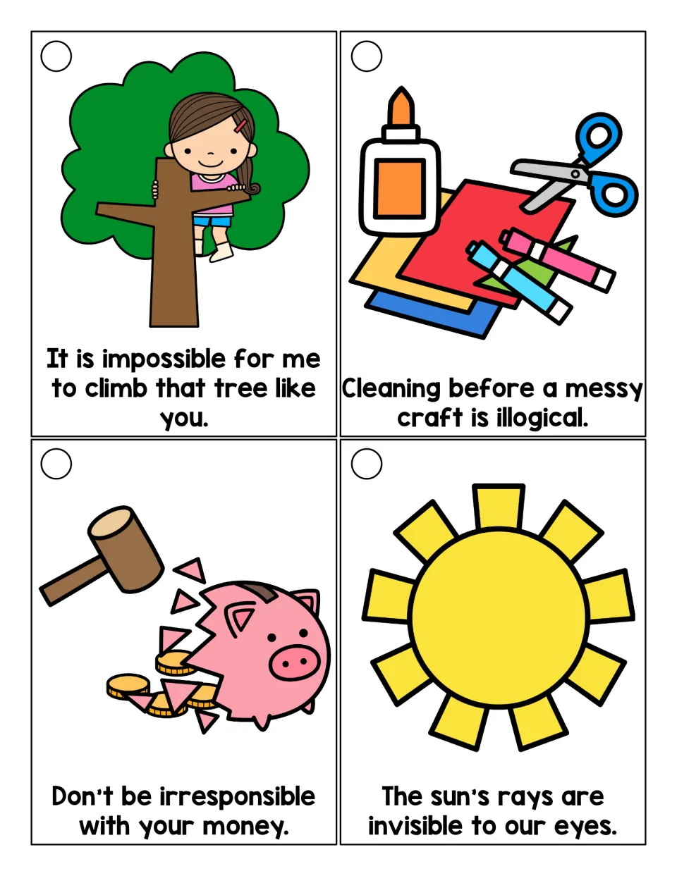 Prefix sentence cards: students read impossible, illogical, irresponsible and invisible, each with a picture