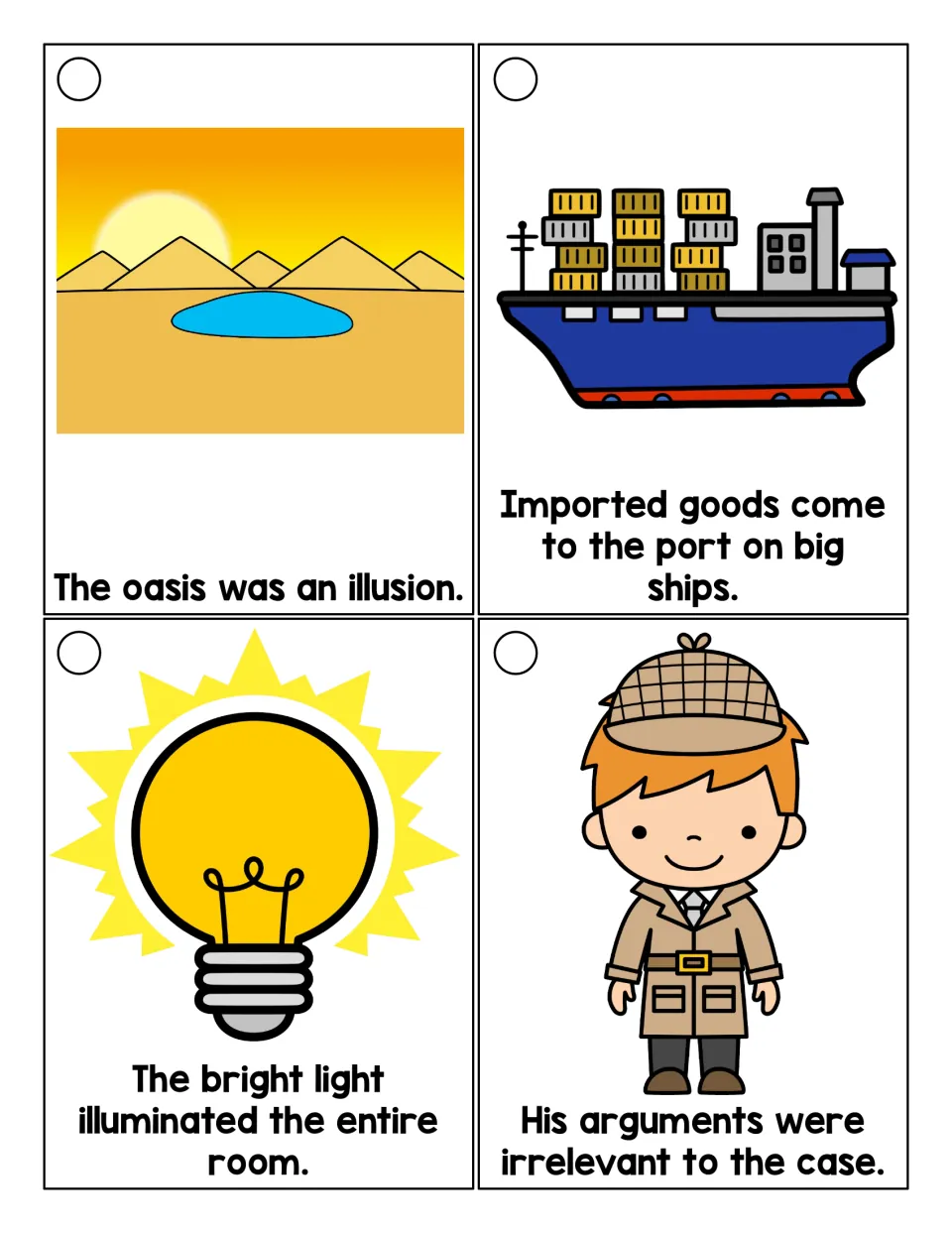 Prefix sentence reading: illusion, imported, illuminated and irrelevant, with pictures like an oasis and a ship