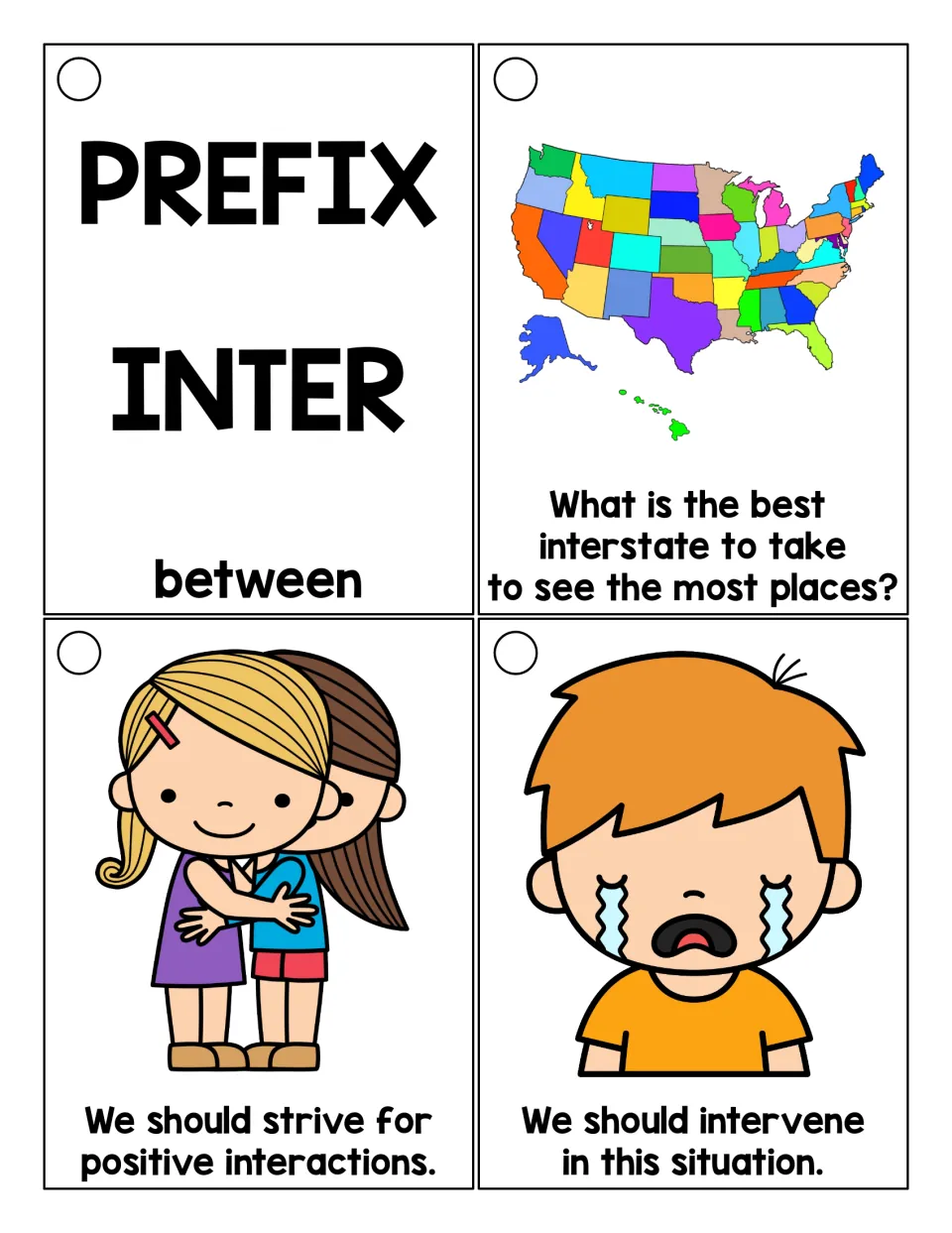 Prefix inter cards: title card meaning between, then students read sentences with interstate, interactions, intervene