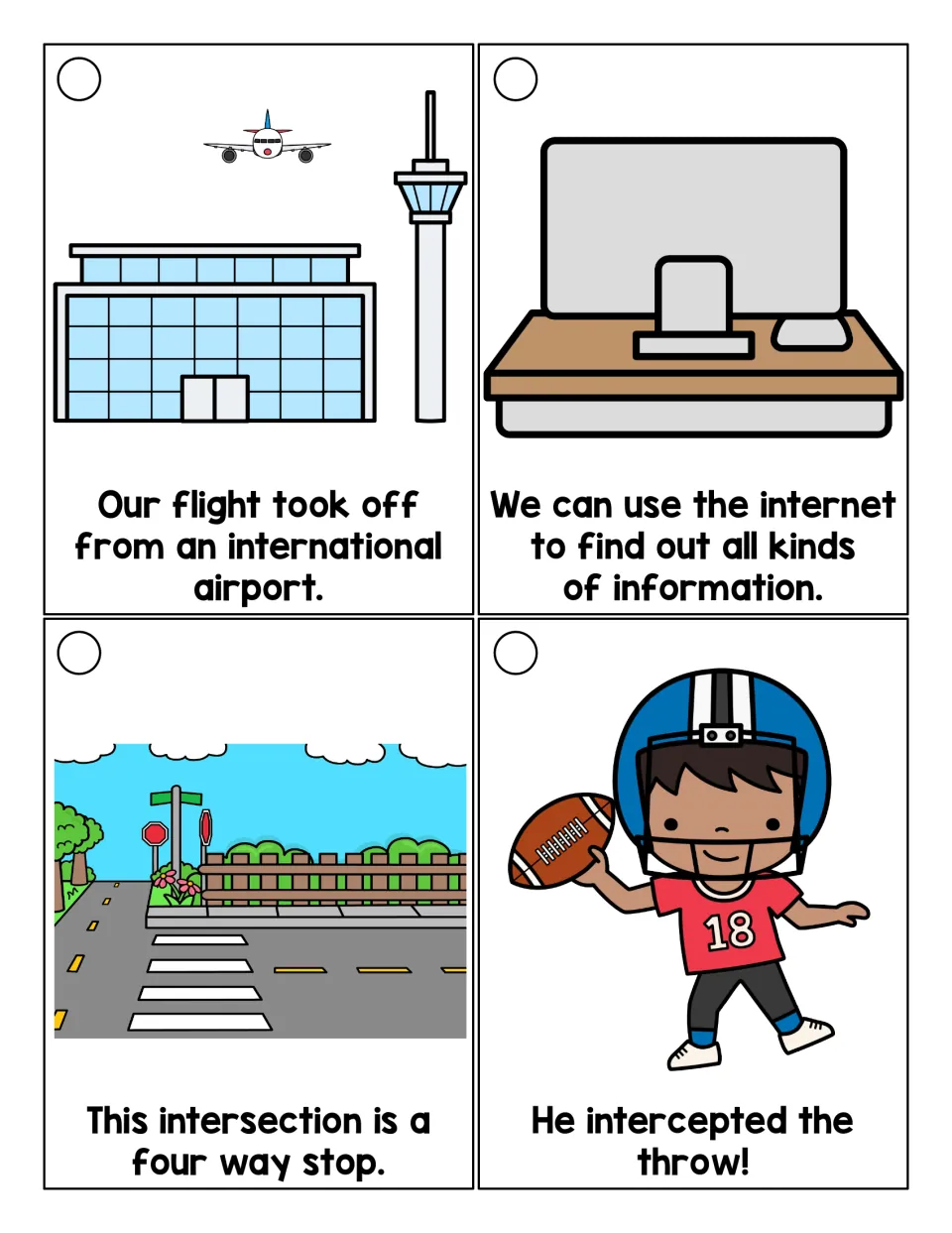 Inter- word cards: students read sentences with international airport, internet, intersection and intercepted the throw
