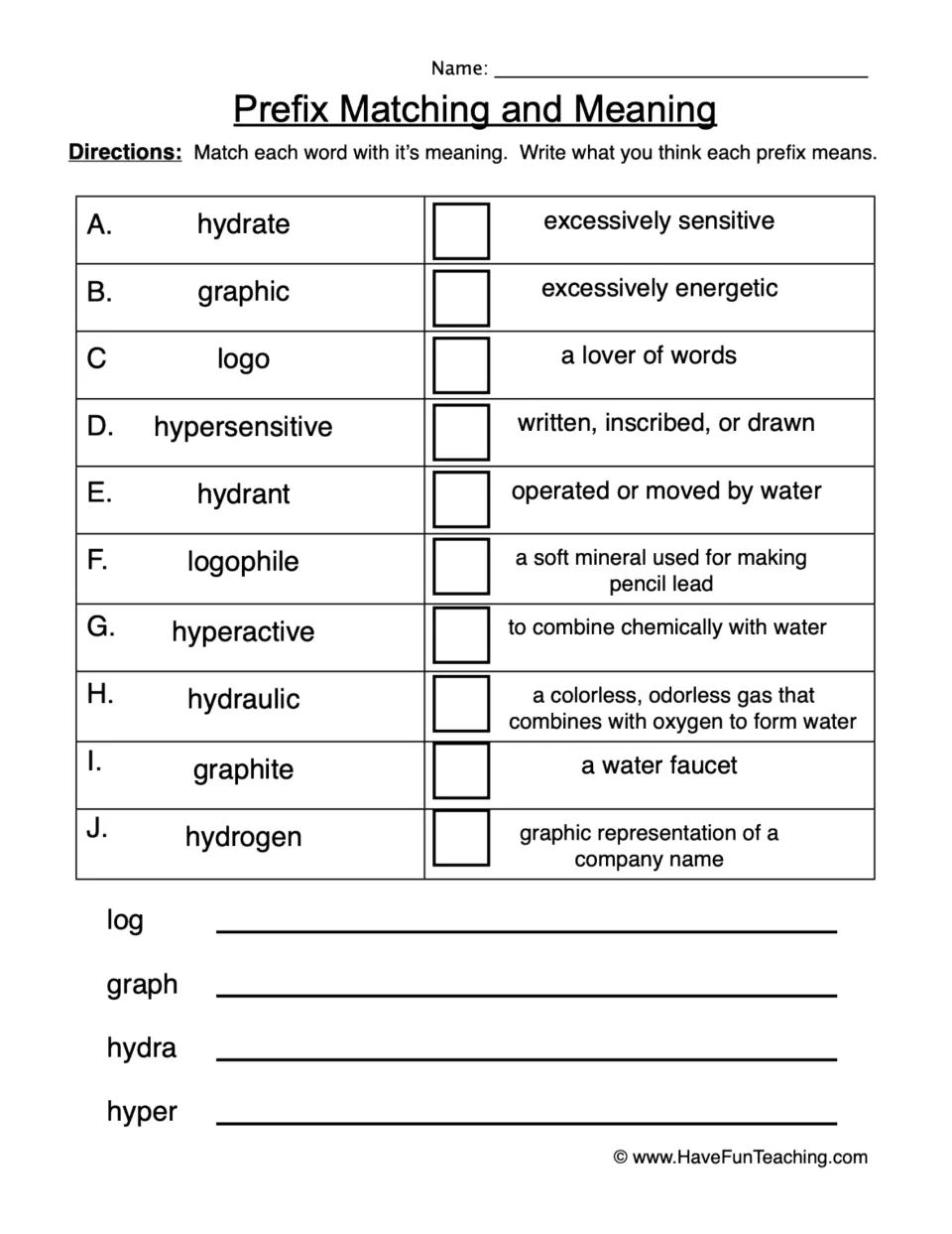 Prefixes log, graph, hydra, hyper: students match 10 words like hydrant and logophile to meanings, then define each prefix