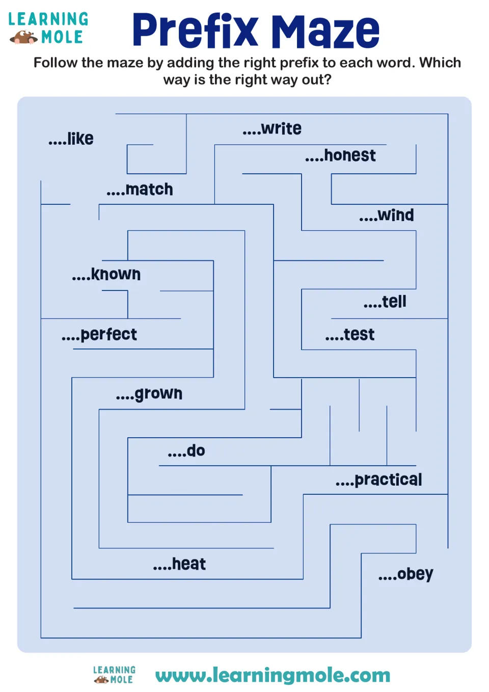 Prefix maze: students add the right prefix to words like write, honest, known and obey to find the way out