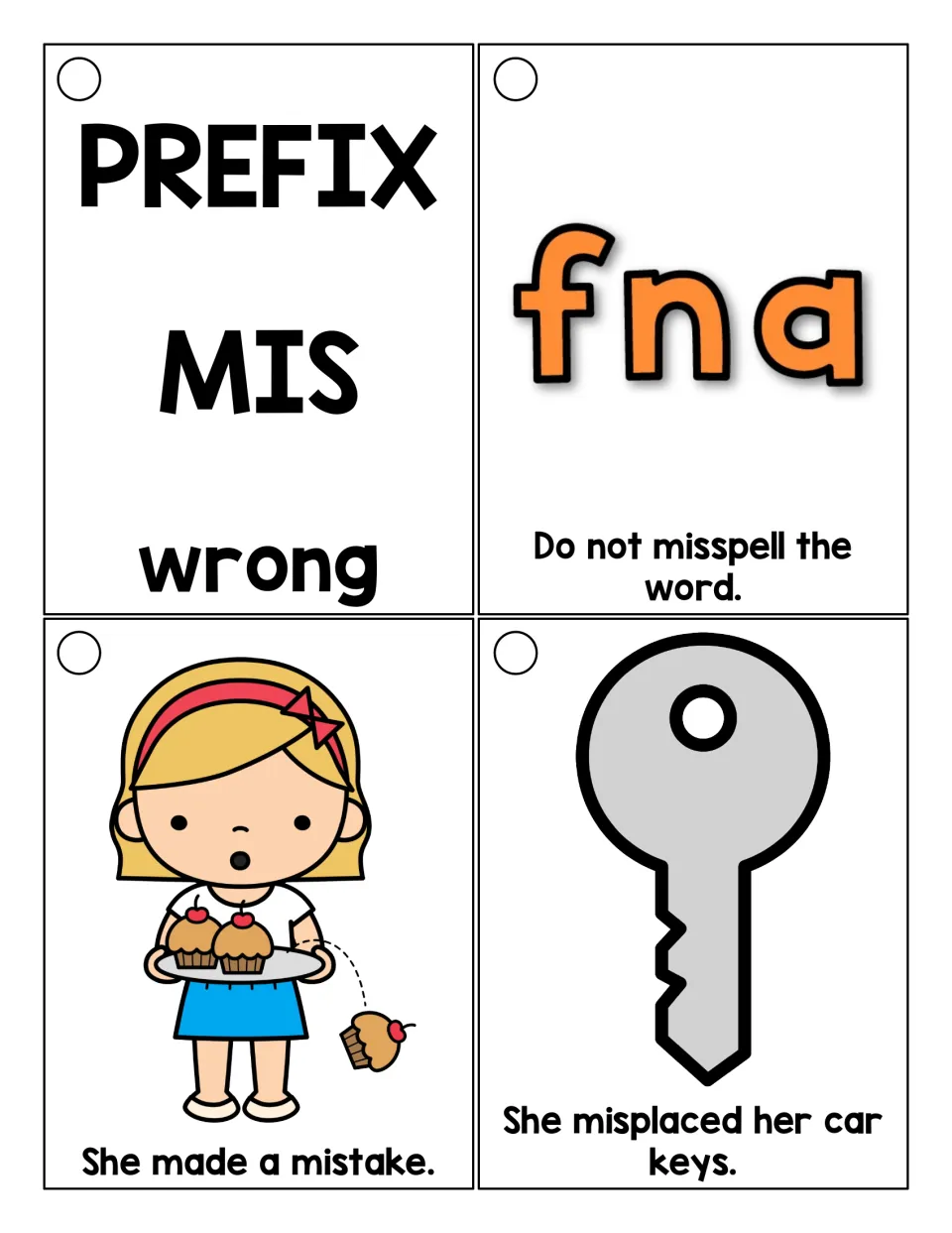 Prefix mis cards: a title card defines mis as wrong, then misspell, mistake and misplaced appear in picture sentences