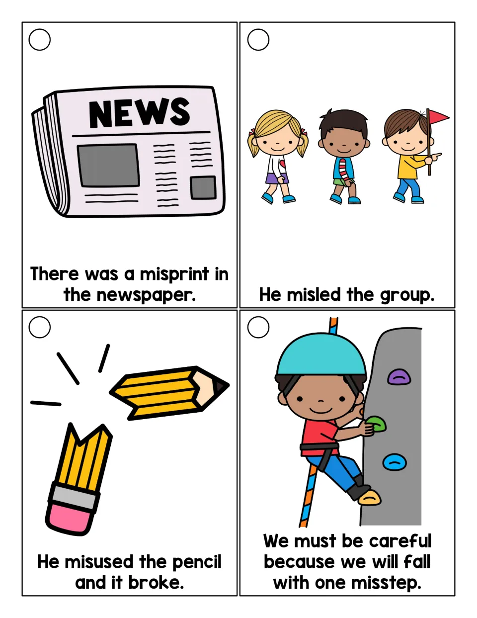 Mis- word cards with pictures: misprint in the newspaper, misled the group, misused the pencil and a climbing misstep