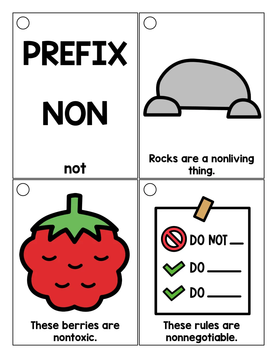 Prefix non cards: a title card defining non as not, then students read nonliving, nontoxic and nonnegotiable sentences