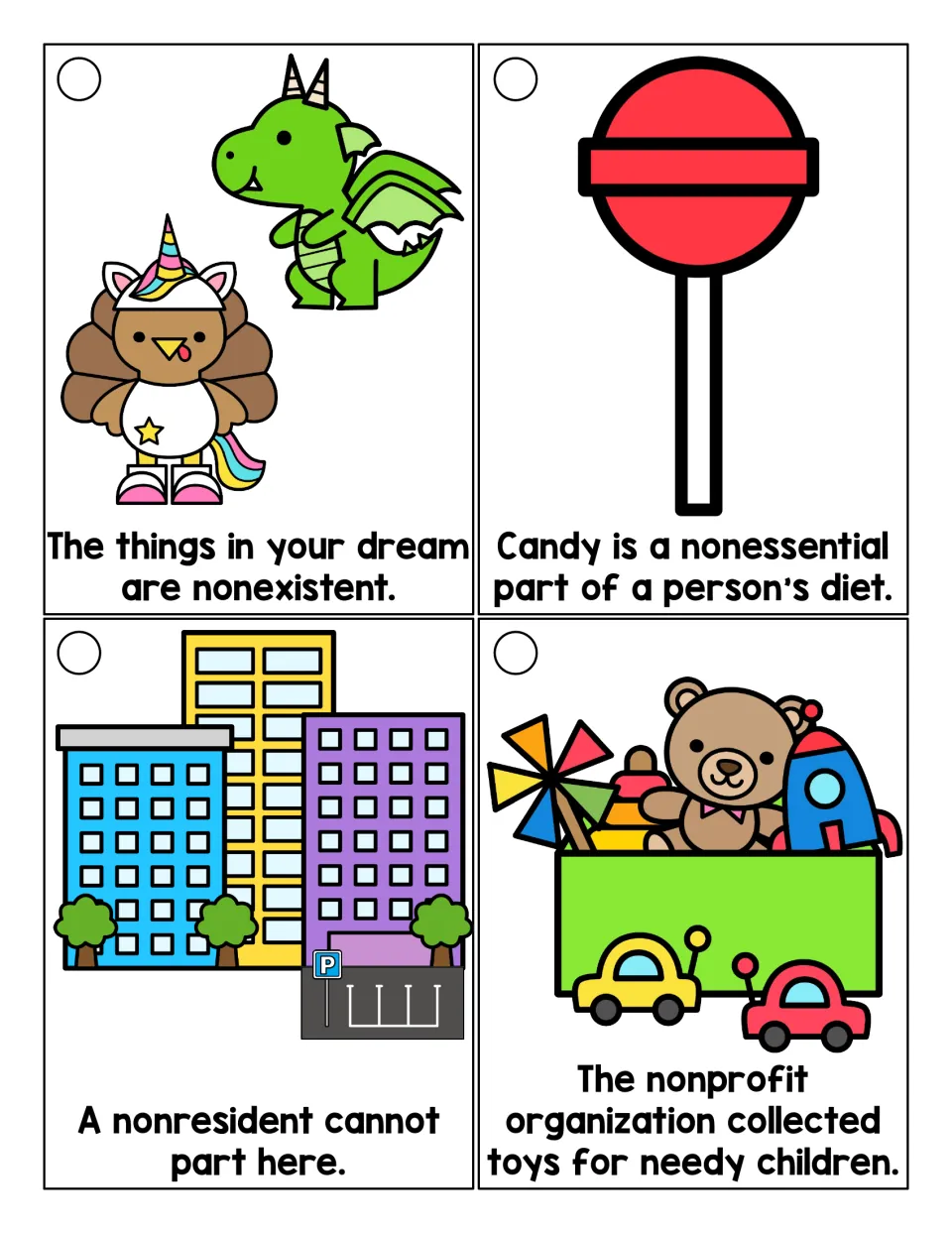 Non- words in context: students read nonexistent, nonessential, nonresident and nonprofit in illustrated sentences