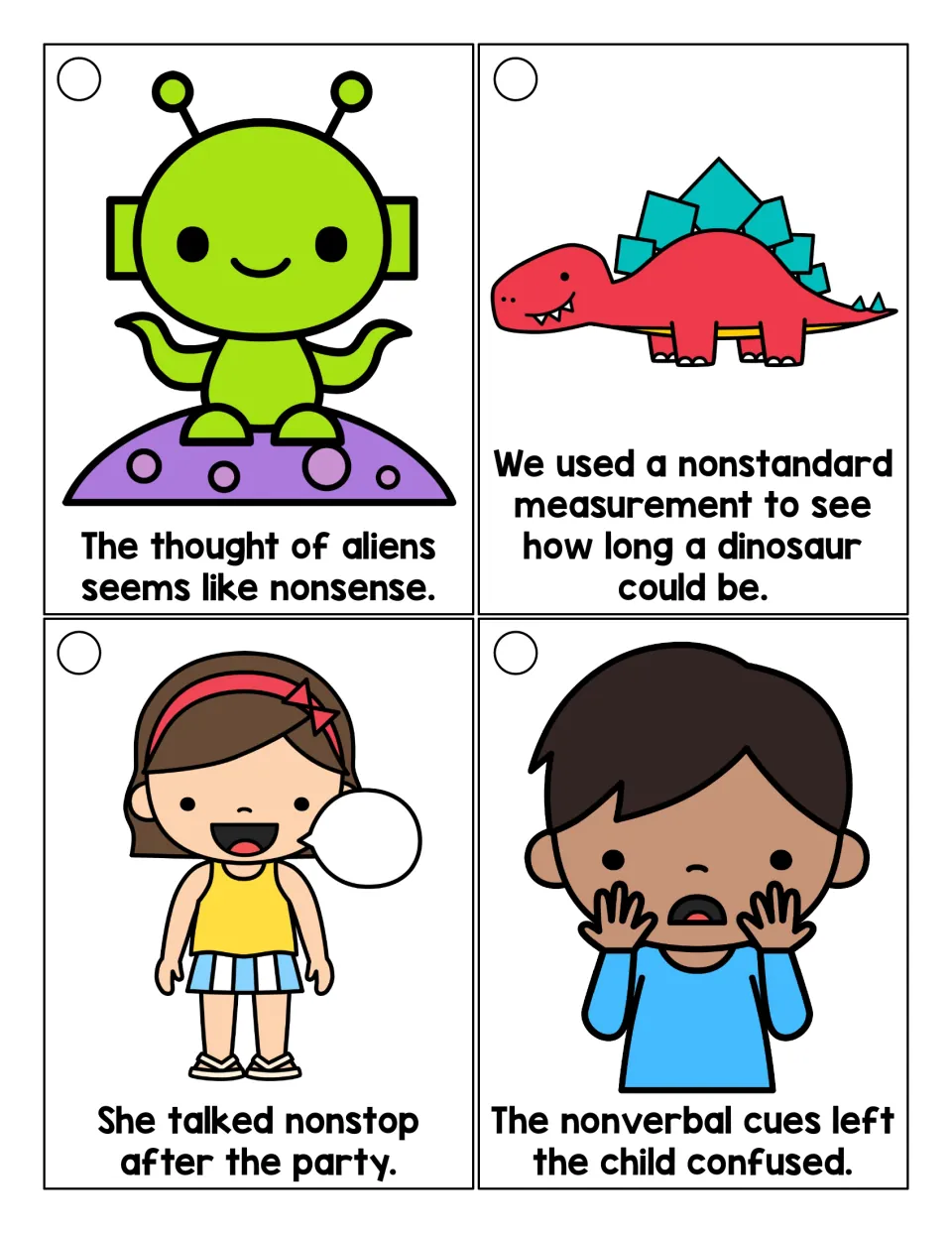 Prefix non cards: students read sentences using nonsense, nonstandard, nonstop and nonverbal, each shown with a picture
