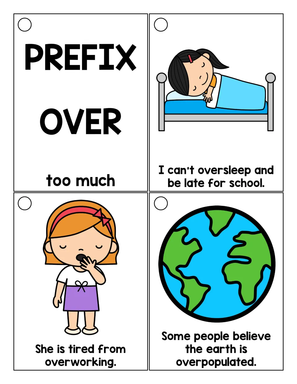 Prefix over meaning too much: header card, then picture sentence cards for oversleep, overworking and overpopulated