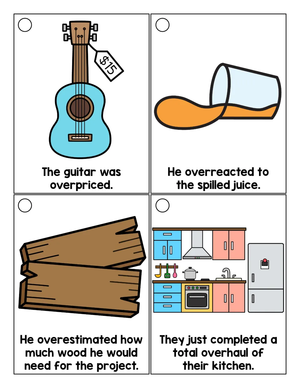 Over- words in context: illustrated sentence cards using overpriced, overreacted, overestimated and overhaul