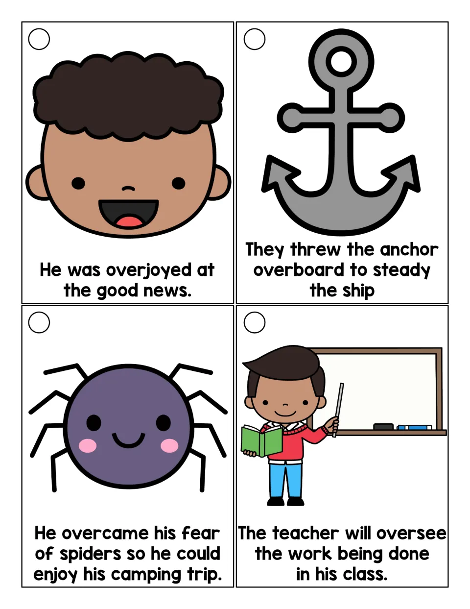 Reading over- words: picture cards with sentences using overjoyed, overboard, overcame and oversee to read aloud
