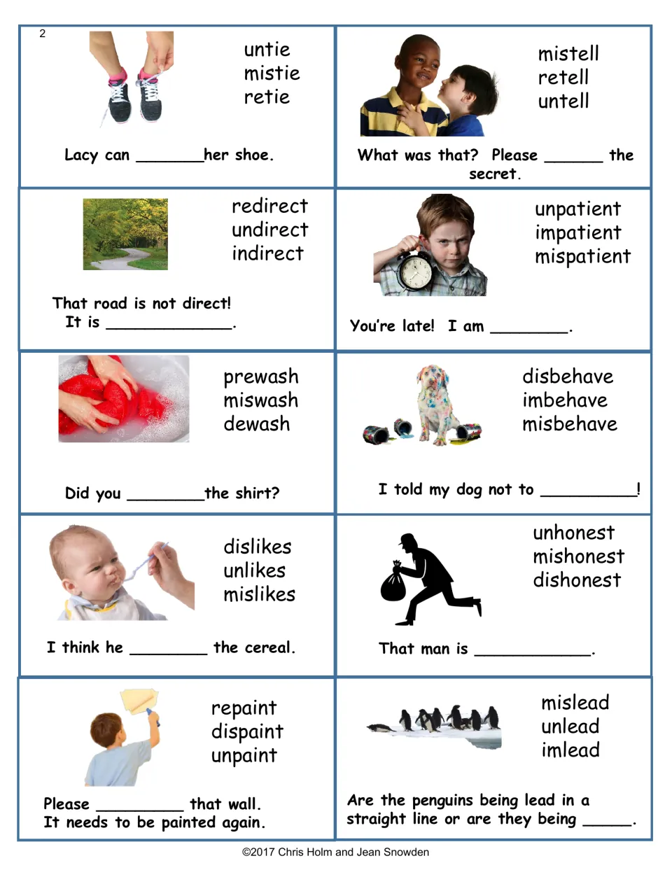 Prefix cards with photos: students choose untie, retell, impatient, misbehave or dishonest from three options per sentence