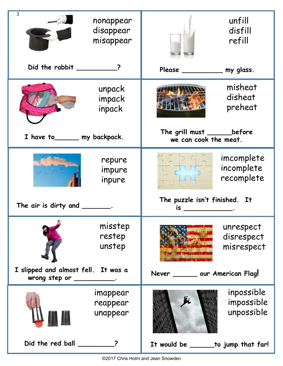 Photo prefix cards: pick disappear, refill, preheat, incomplete, disrespect or impossible to complete each card's sentence