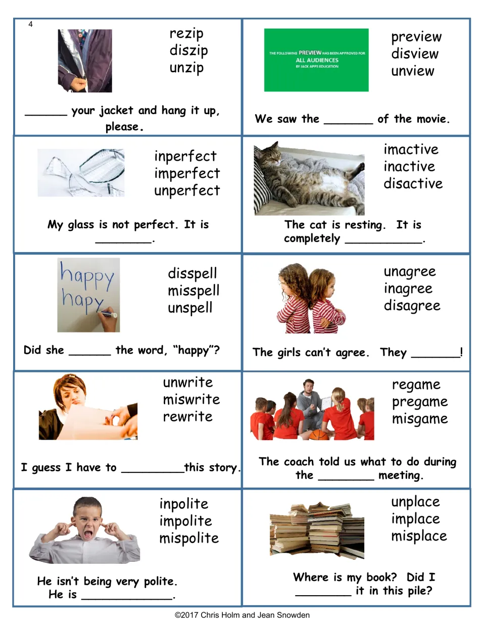 Sentence cards for prefixes: choose unzip, preview, inactive, misspell, disagree or misplace over fake forms like unspell