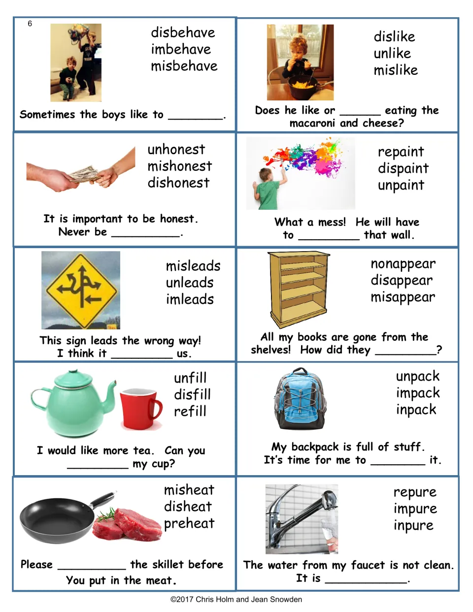 Repeat-word prefix cards: new photos and sentences for misbehave, dishonest, misleads, disappear, refill and impure
