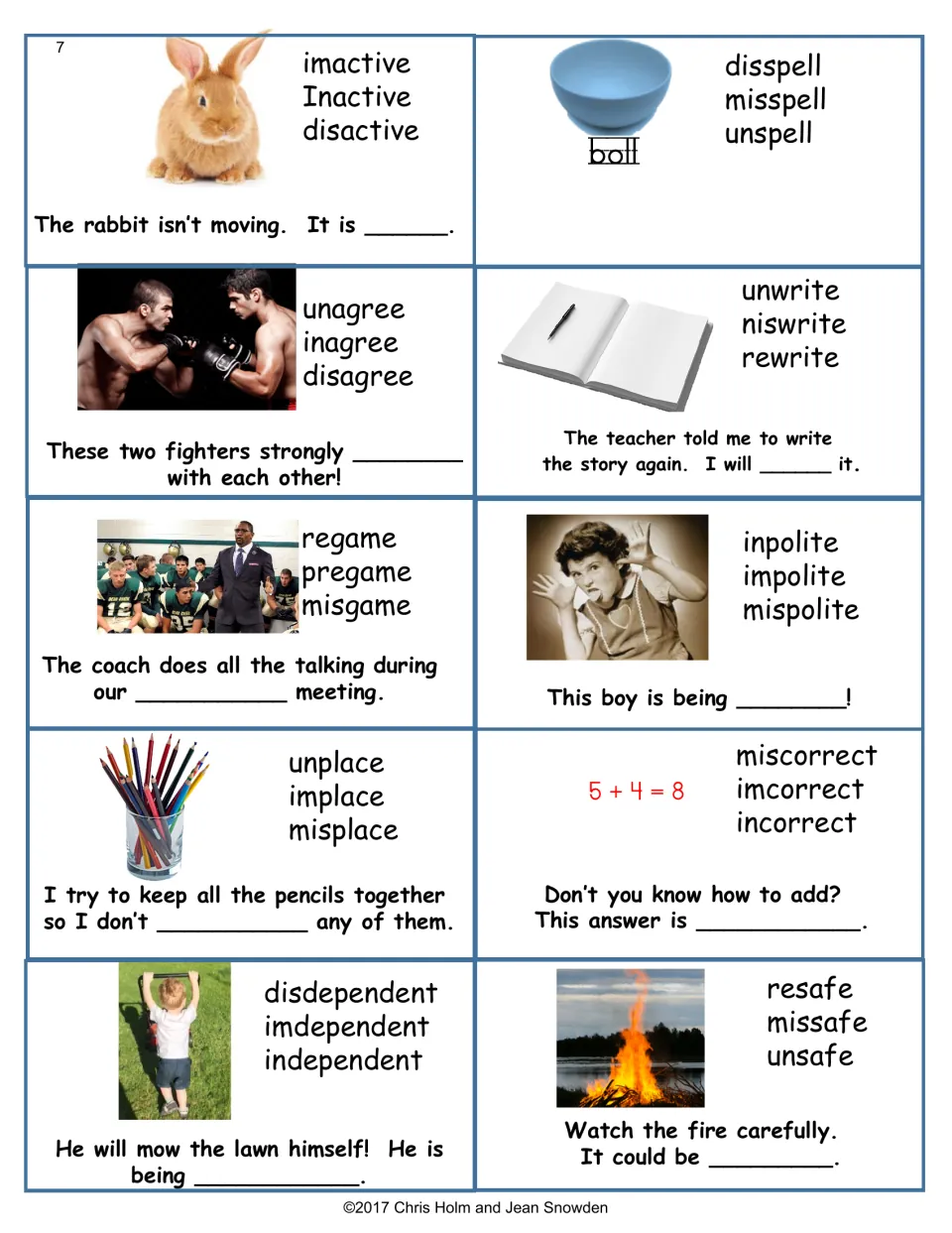 Prefix cards with sentences: pick inactive, disagree, rewrite, pregame, impolite, misplace or unsafe from three choices