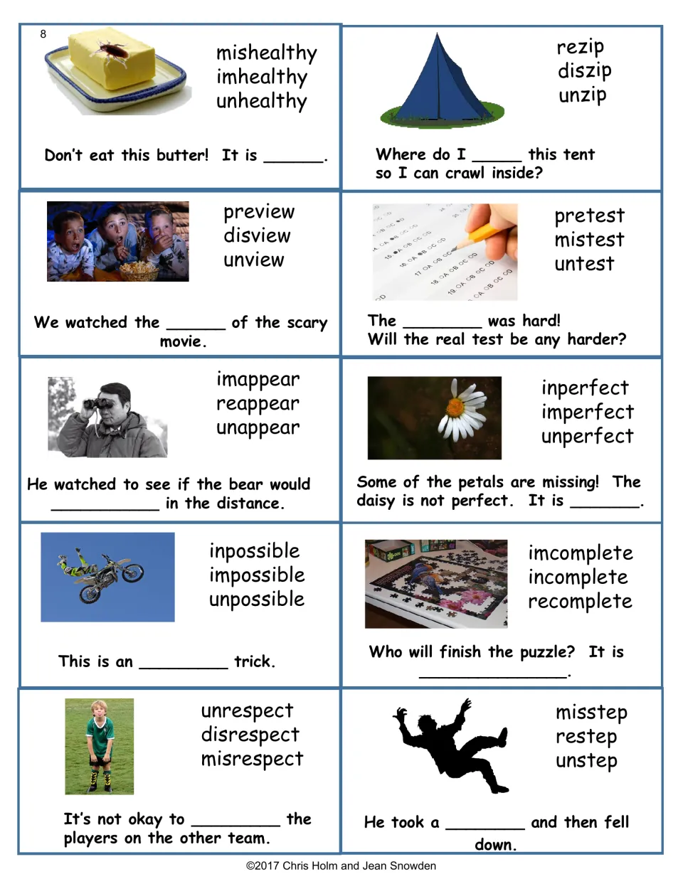 Final prefix cards: choose unhealthy, unzip, pretest, reappear, imperfect, impossible or misstep to finish each sentence