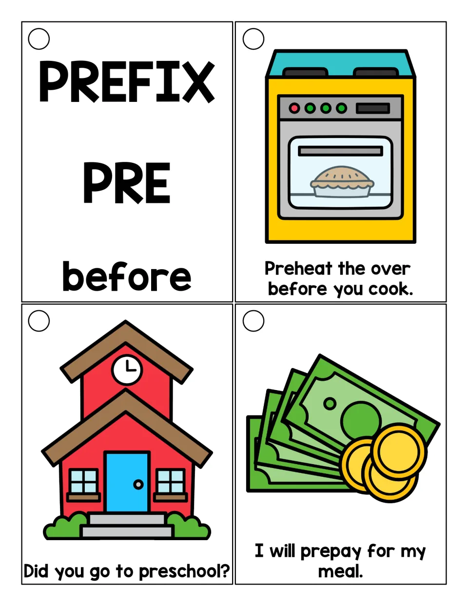 Prefix pre means before: students read ring cards with pictures and sentences using preheat, preschool and prepay