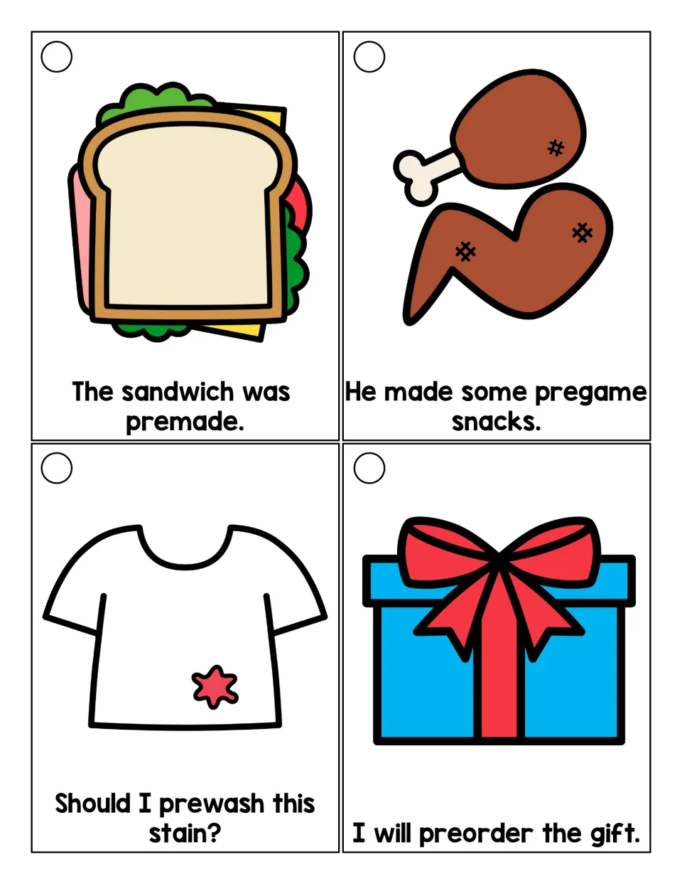 Pre- word cards: students read picture sentences using premade, pregame, prewash and preorder to practise the prefix pre-