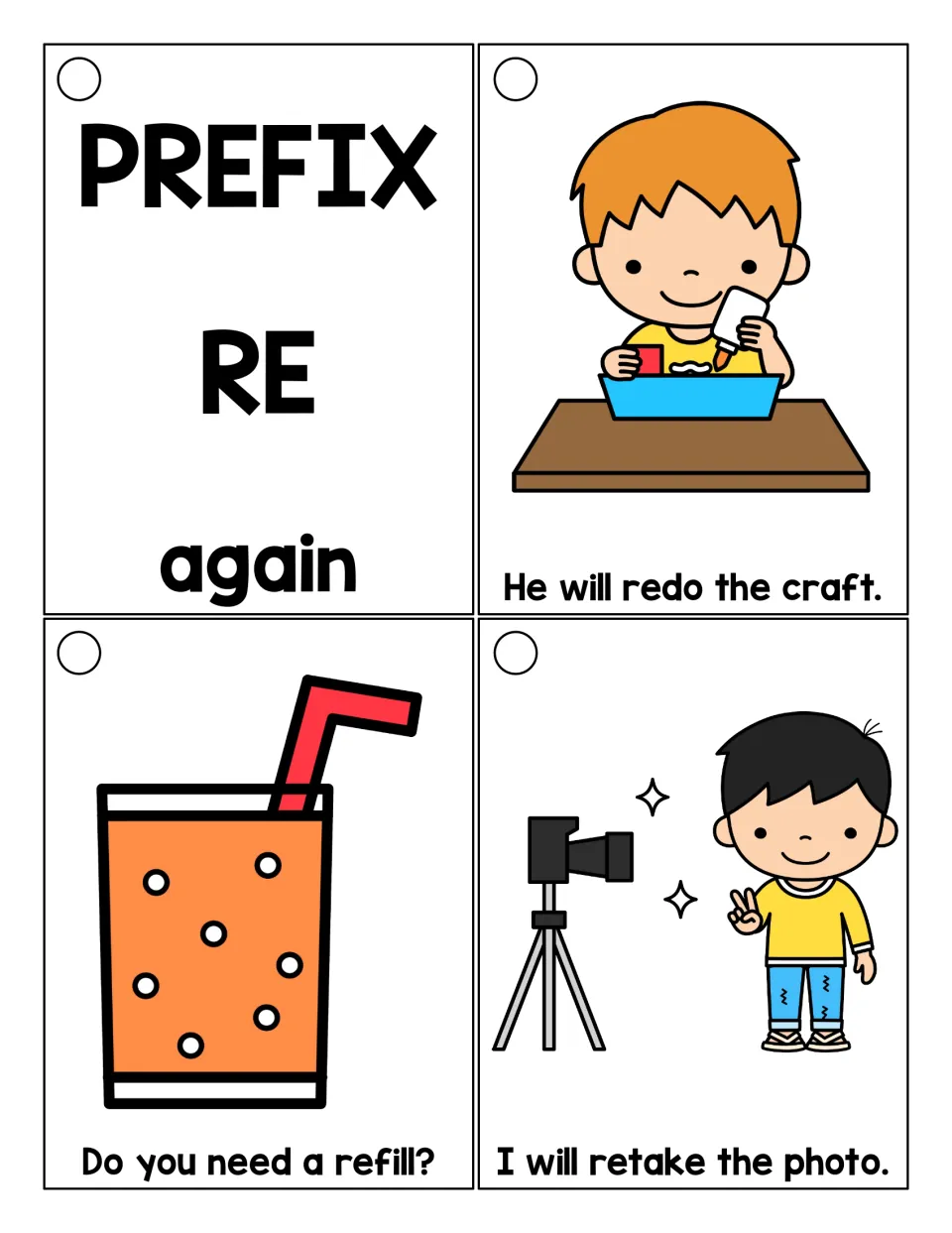 Reading ring cover card defining re- as “again,” plus illustrated sentence cards for redo, refill, and retake
