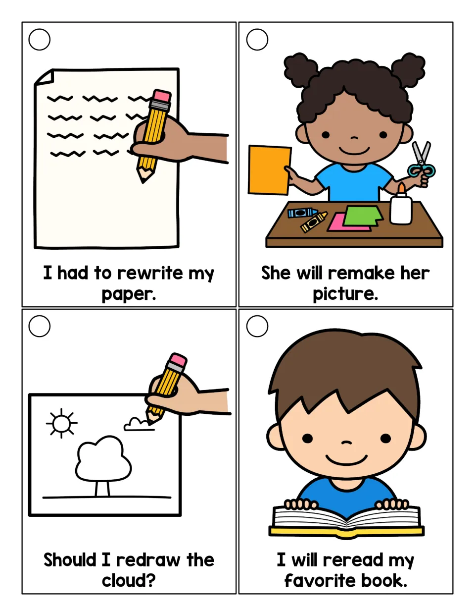 Reading ring sentence cards for rewrite, remake, redraw, and reread, showing writing, art, and reading