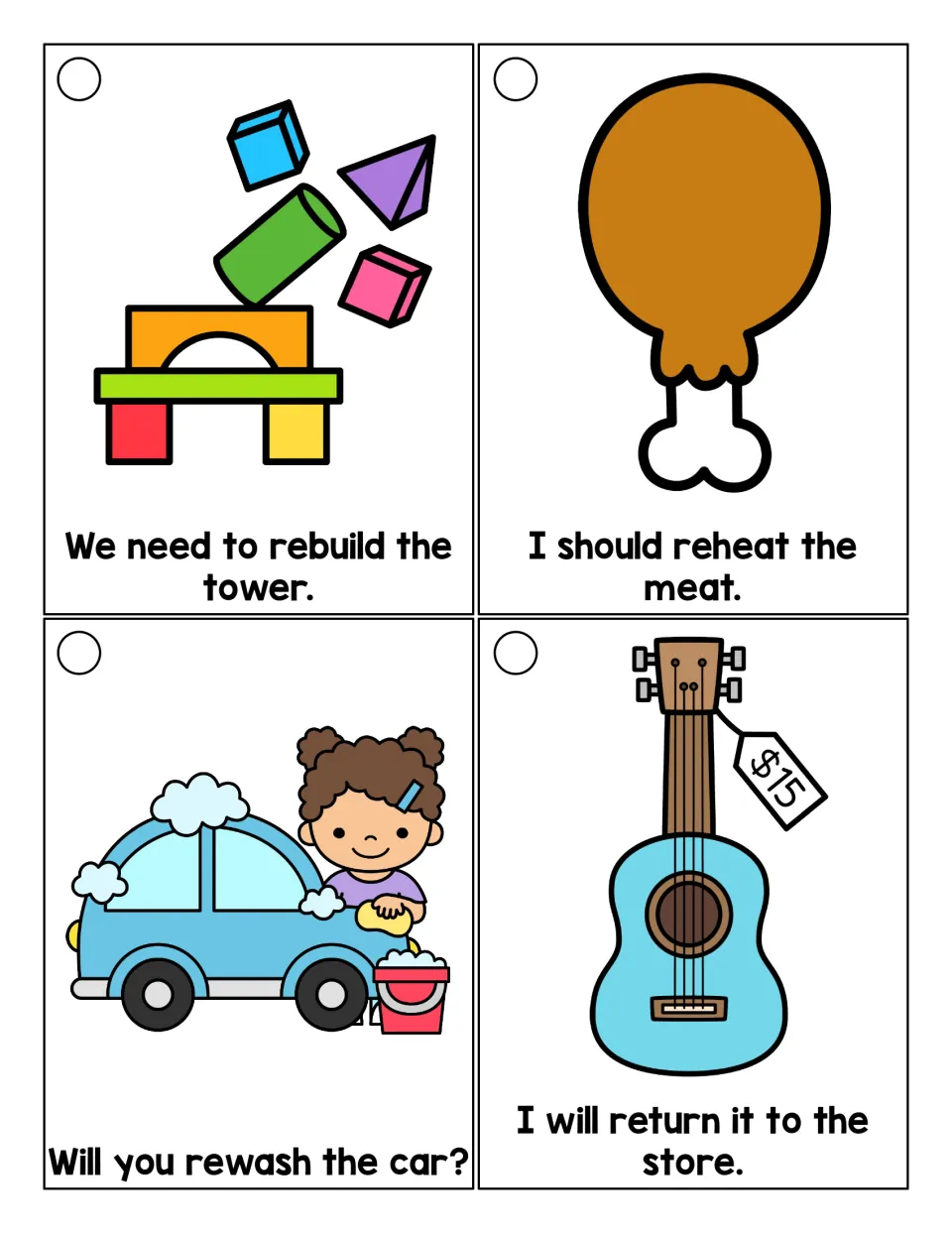 Reading ring sentence cards for rebuild, reheat, rewash, and return, illustrated by a tower, meat, car, and guitar