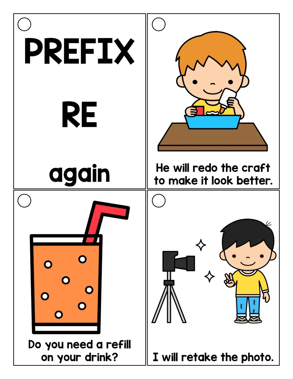 Reading ring cover and redo, refill, and retake cards; redo and refill sentences add details about the actions