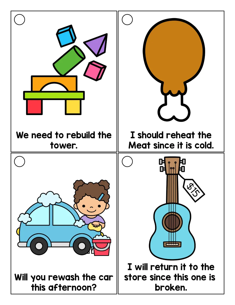 Reading ring cards for rebuild, reheat, rewash, and return add details about cold meat, afternoon, and a broken item