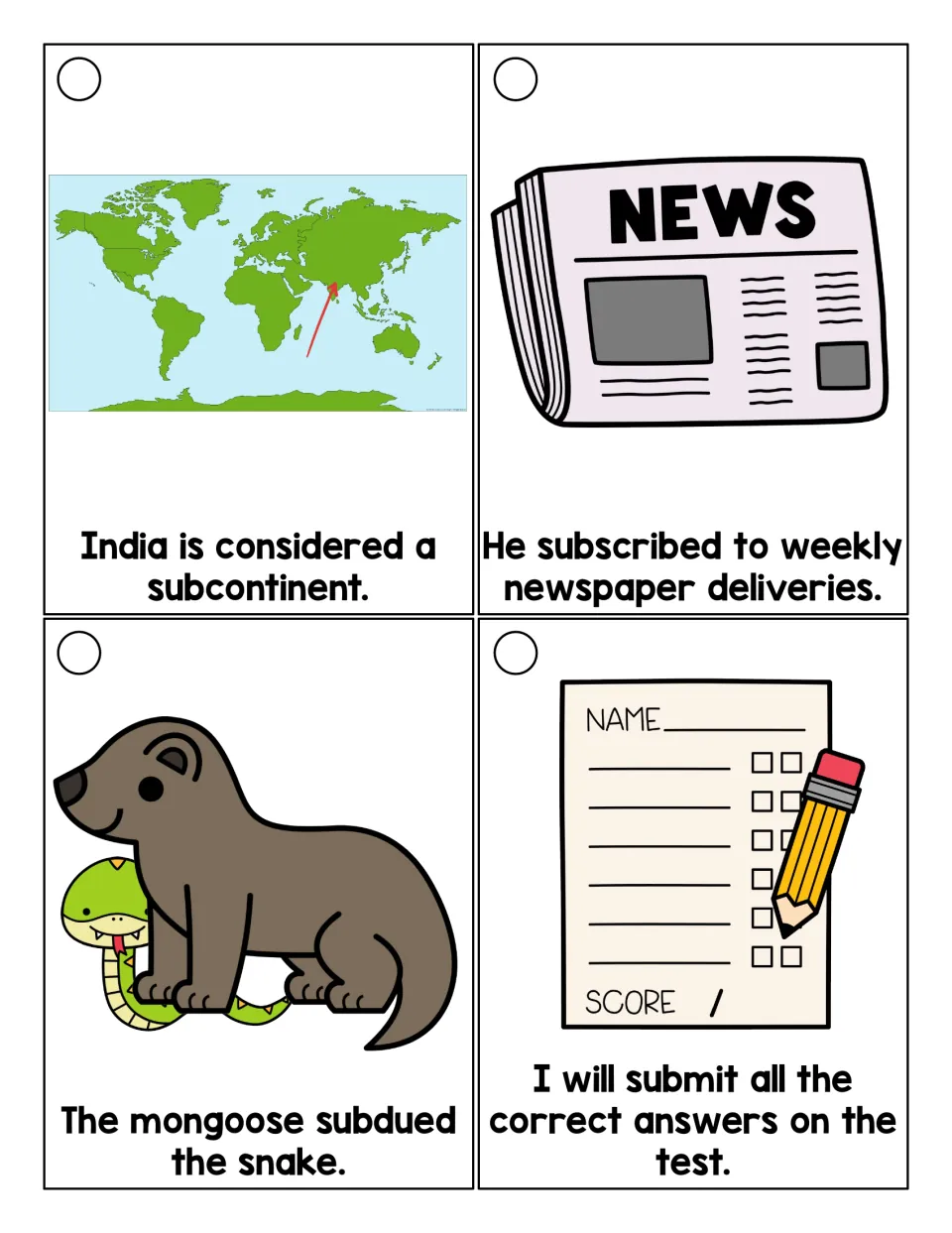More sub- reading cards: picture sentences using subcontinent, subscribed, subdued and submit for students to read