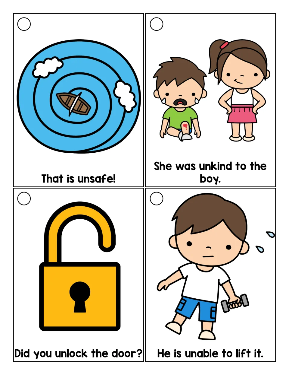 Prefix un picture cards: students read short sentences using unsafe, unkind, unlock and unable, each shown with a drawing