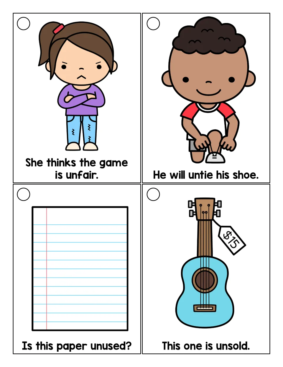 Un- word cards: students read sentences with unfair, untie, unused and unsold, shown with a girl, shoe, paper and guitar