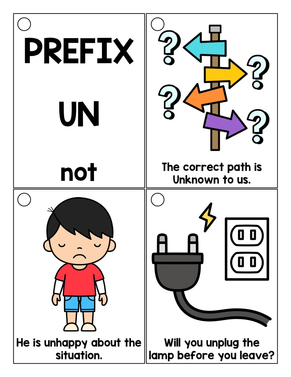 Longer prefix un sentences: title card meaning not, then cards for unknown, unhappy and unplug in extended sentences