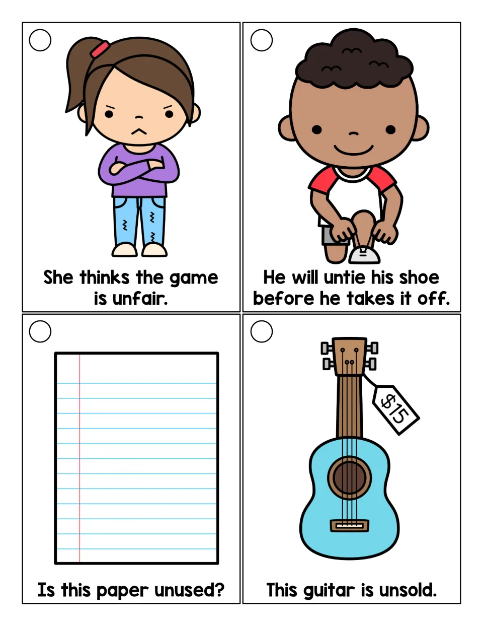 Longer reading cards for unfair, untie, unused and unsold: students read sentences such as This guitar is unsold