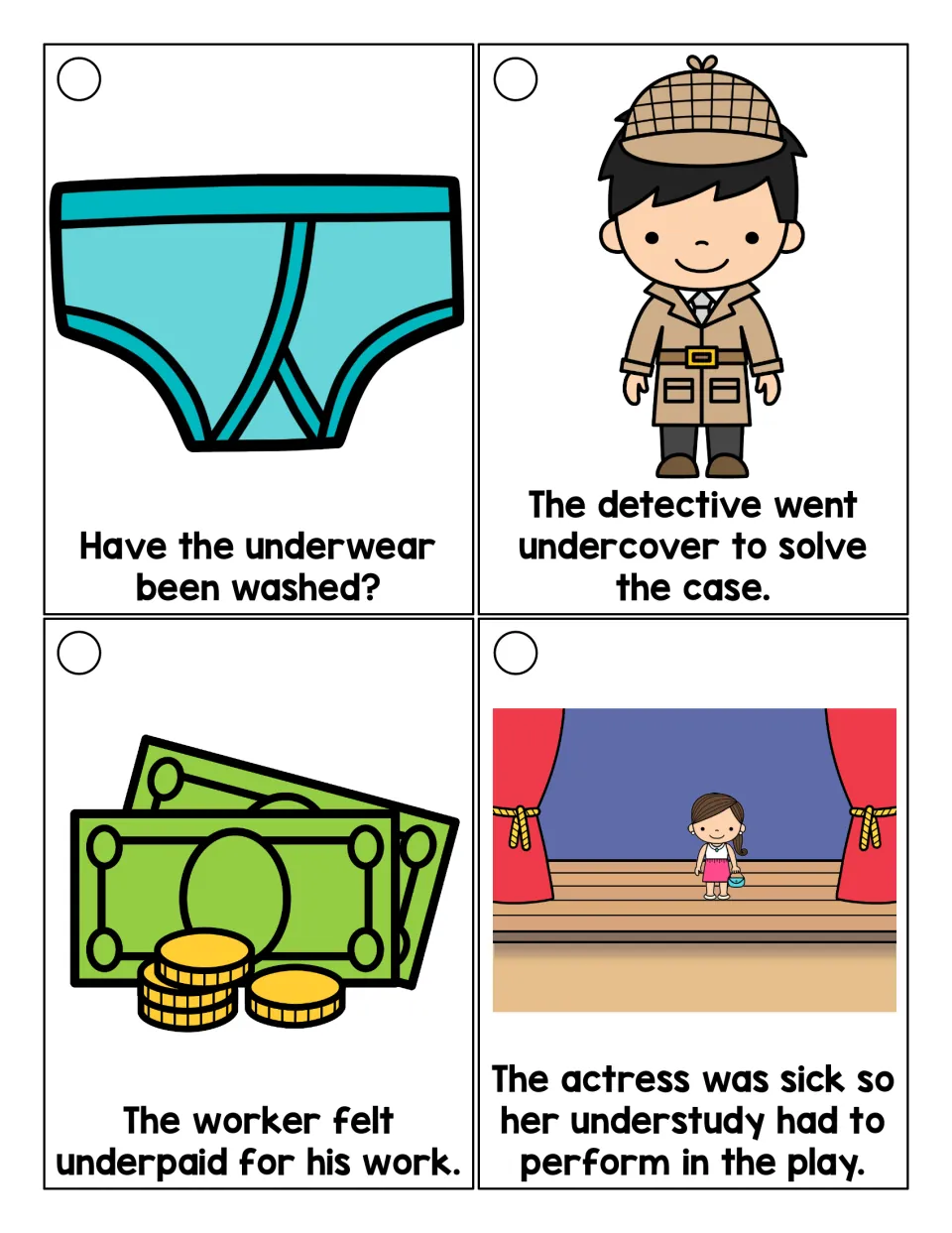 More under- word cards: students read sentences using underwear, undercover, underpaid and understudy with pictures