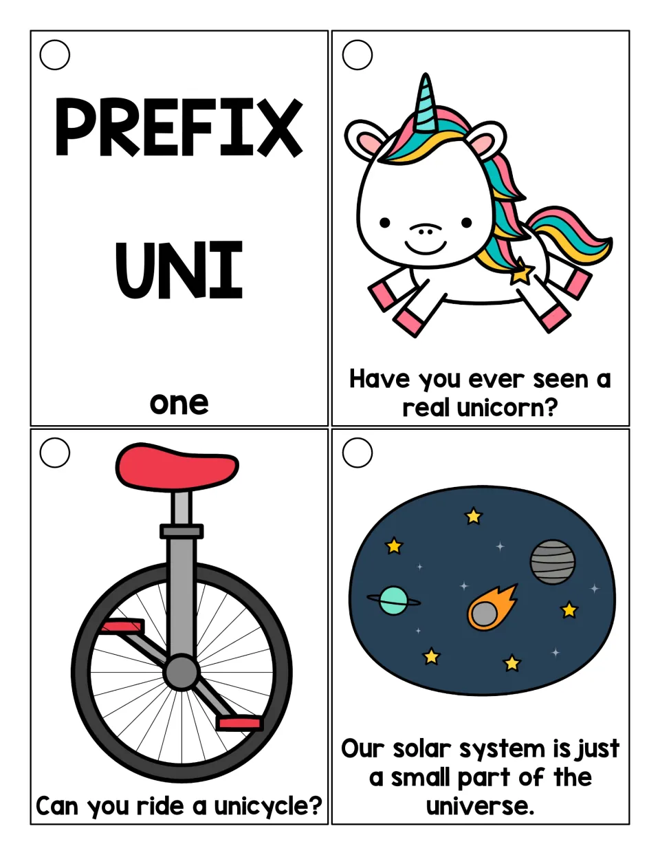 Prefix uni meaning one: header card and sentence cards about a unicorn, a unicycle and the universe for students to read