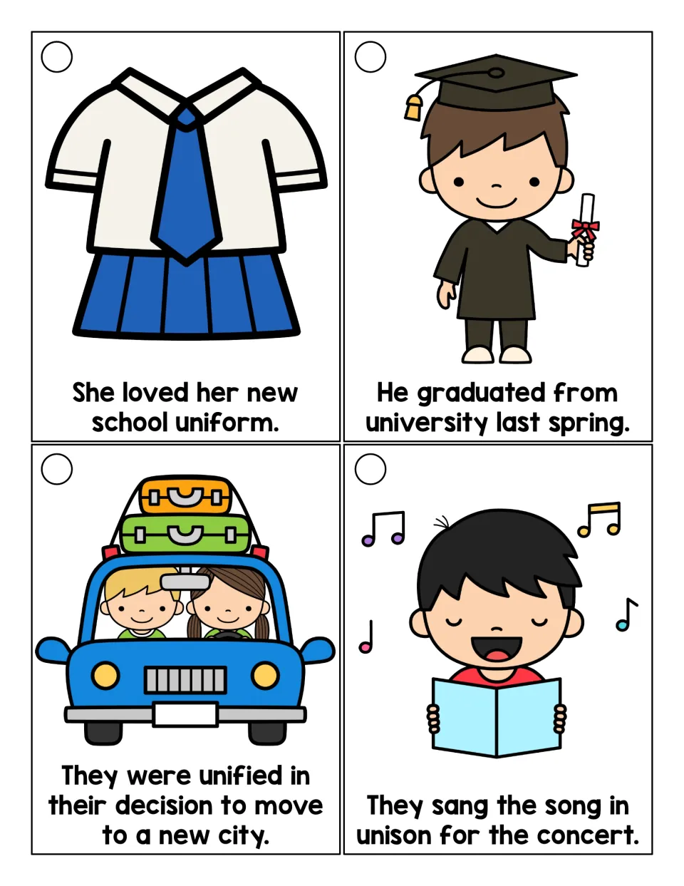 Uni words in context: students read illustrated sentences using uniform, university, unified and unison