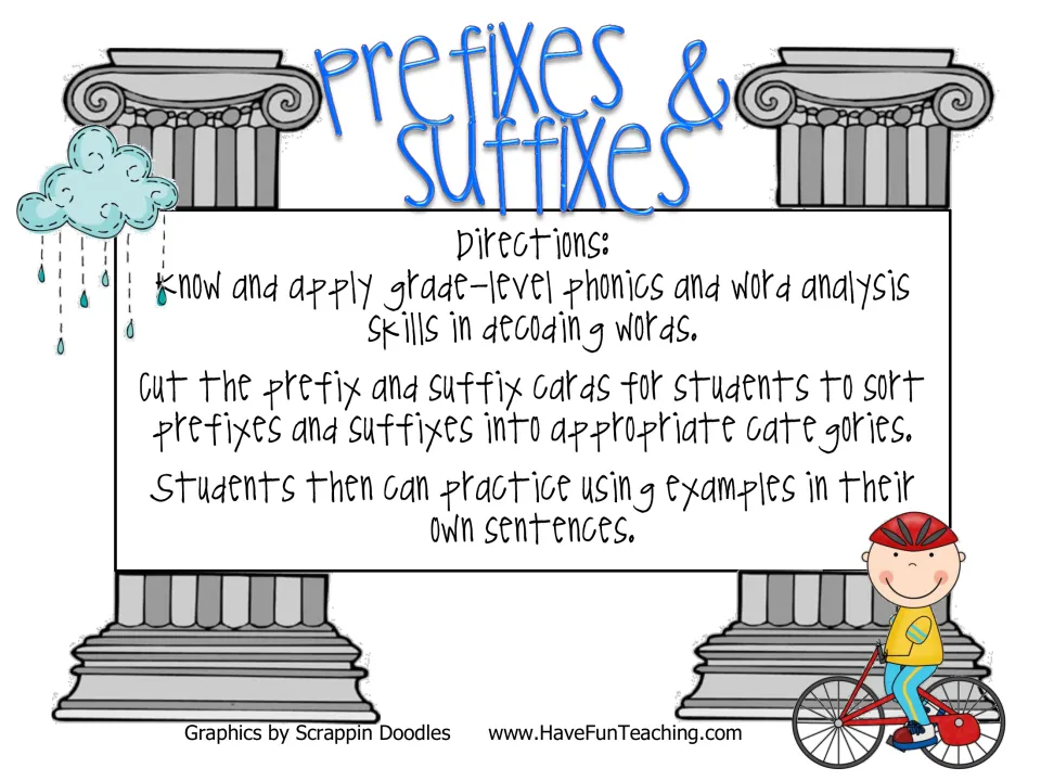 Directions for cutting out prefix and suffix word cards, sorting them by category, and using words in sentences