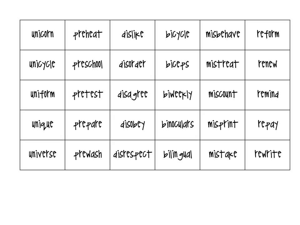 Set of 30 prefix word cards to cut and sort, including unicorn, preheat, dislike, bicycle, misbehave, and reform