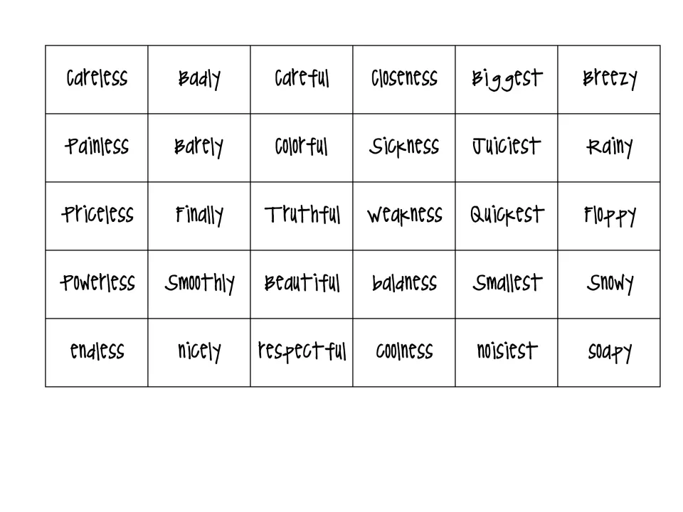 Set of 30 suffix word cards to cut and sort, including careless, badly, careful, closeness, biggest, and breezy