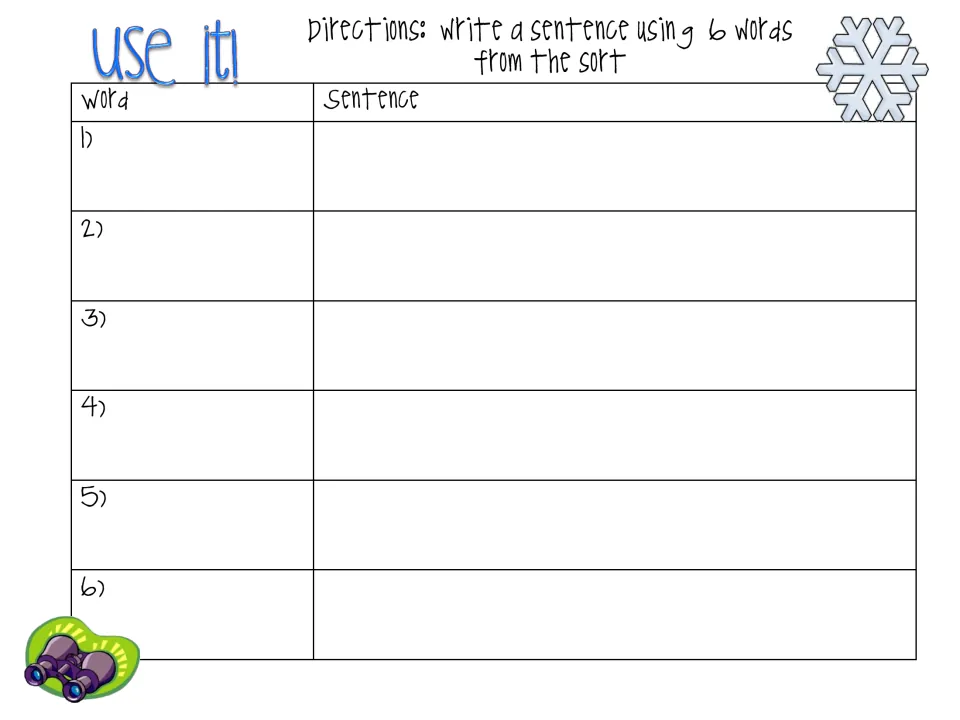 Sentence-writing sheet titled “Use it!” asks students to choose six words from the sort and use them in sentences