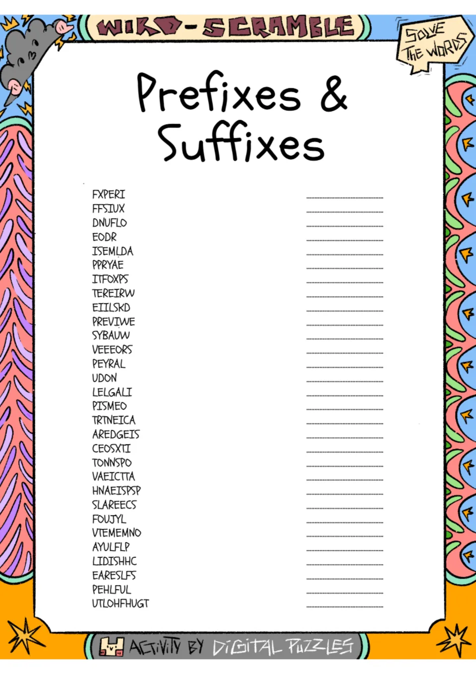 Prefixes and suffixes word scramble: students unscramble 30 words such as FXPERI and EODR, writing each answer on its line
