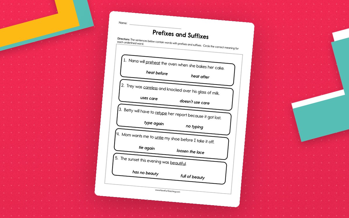 Prefixes and Suffixes Worksheet preview: Five contextual affix examples