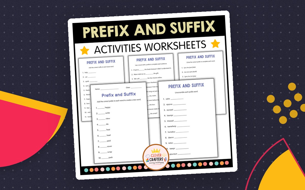 Prefix and Suffix Activities Worksheets cover with two worksheet previews.