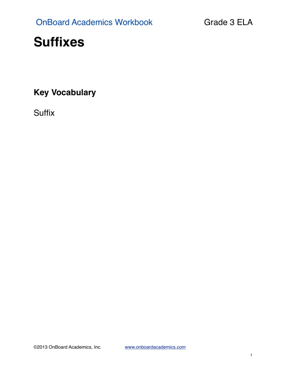 Suffixes section opener: Key Vocabulary heading introducing the term suffix for students to learn and define