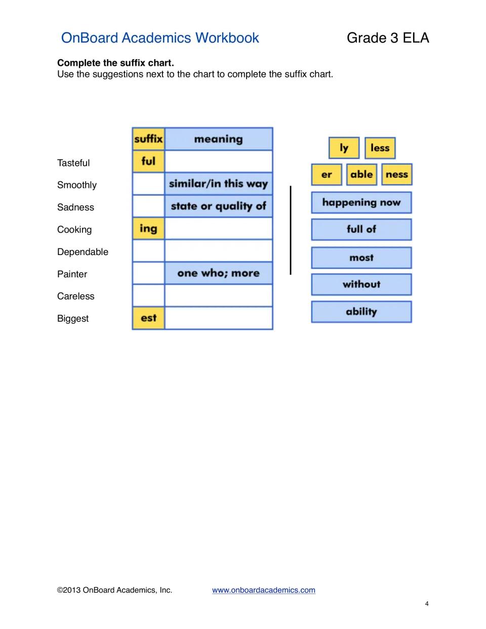 Suffix meaning chart: students fill in suffixes and meanings for eight words, from tasteful and smoothly to biggest