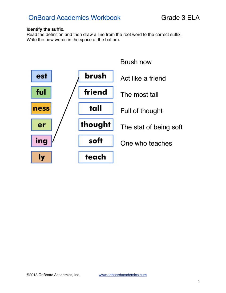 Identify the suffix: students use clues to link root words like brush, friend and soft to suffixes, then write new words